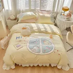Cute Fairy Little Duck Washed Cotton Four-Piece Bed Set - Pink / King