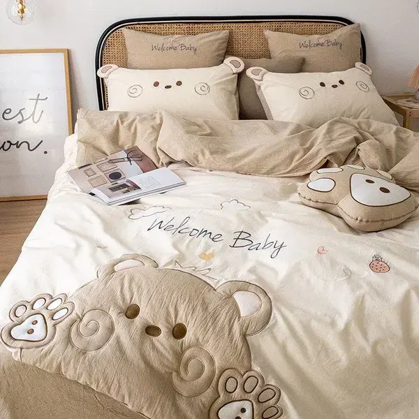 Cartoon Cute Bear Embroidered Pure Cotton Washed Four-Piece Bed Set - Coffee / Twin