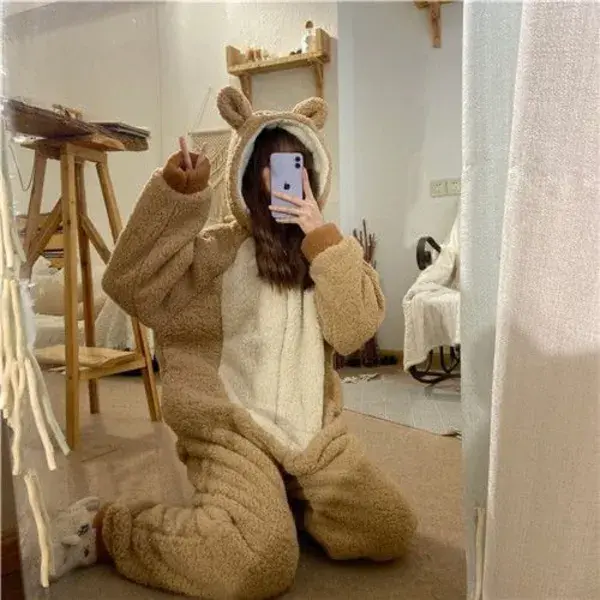 Chicmy Bear Bunny Hooded Onesies Women Kigurumi Pajamas Cute Pijama Winter Warm Sleepwear Kawaii Female Nightwear Pyjamas Jumpsuit - pink Bunny / L