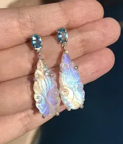 Rainbow Moonstone and Blue Topaz earrings