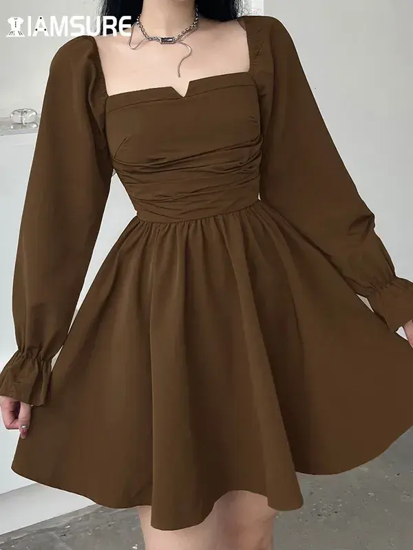 Casual Dresses IAMSURE Korean Style Ultra Thin Solid A-Line Dress Autumn Square Neckline Bubble Sleeve Mini Women&#039;s Elegant Fashion 230330