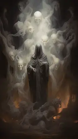 a painting of a person standing in front of a group of skulls