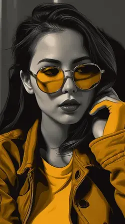 a woman in a yellow jacket and sunglasses