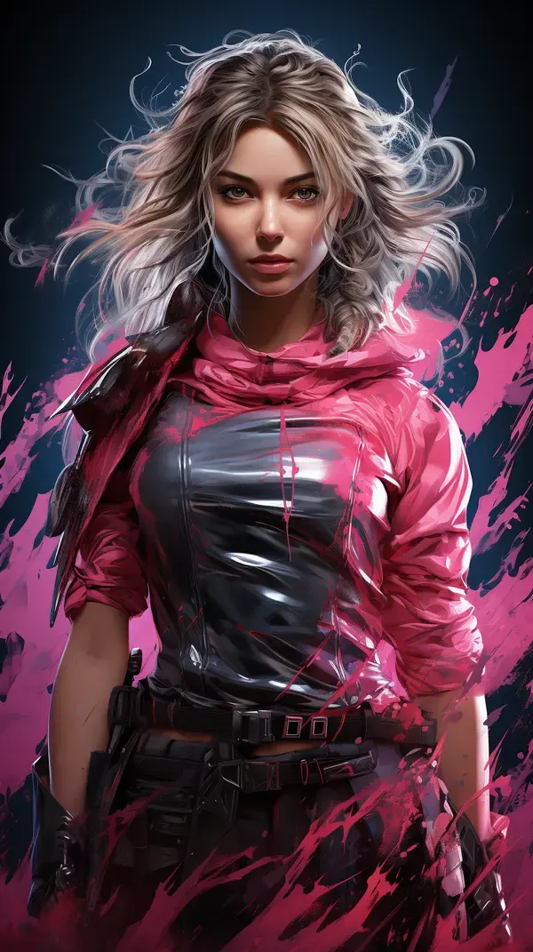 a woman in a pink leather jacket and black pants