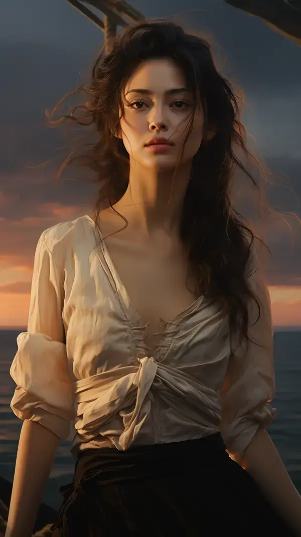 A Chinese model with long black hair standing on a yacht wearing light and soft gauze