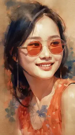 a painting of a woman wearing sunglasses and smiling