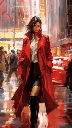 a painting of a woman walking down a street