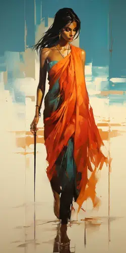 a painting of a woman walking with a cane