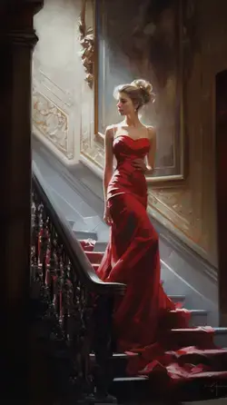 a painting of a woman in a red dress