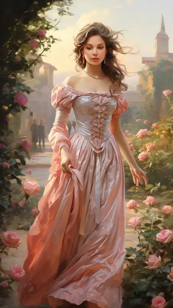 Oil painting, beautiful medieval lady in a pink gown walking in the sunrise rose garden