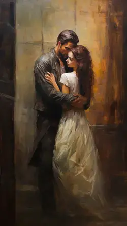 a painting of a man and a woman embracing