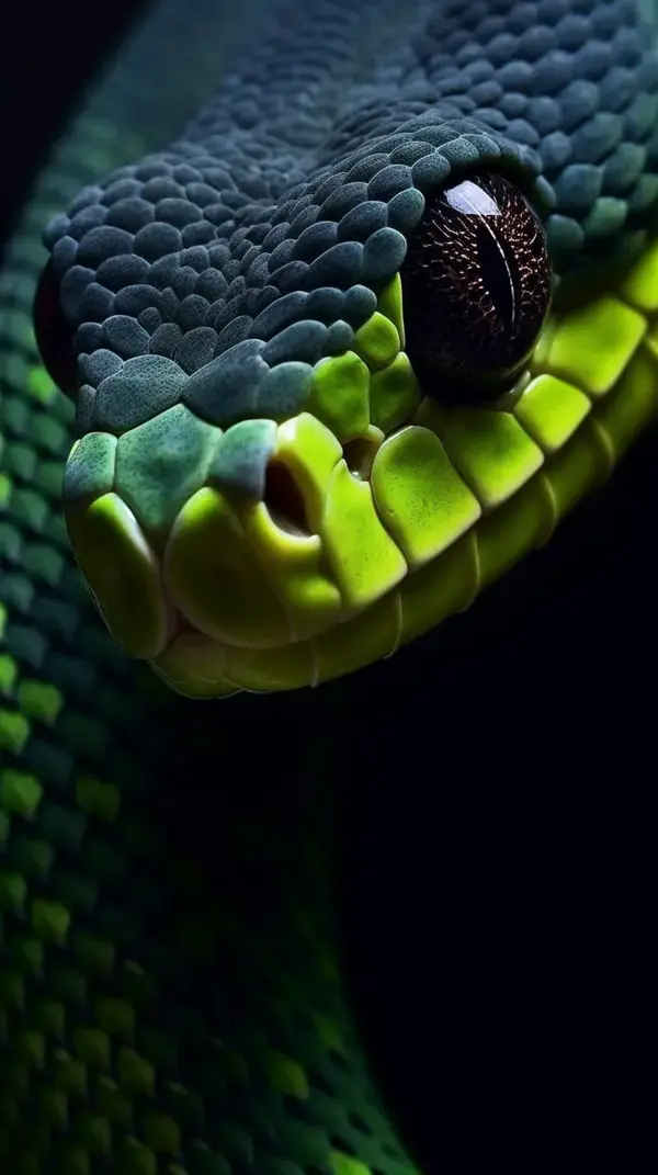 a close up of a green snake's head