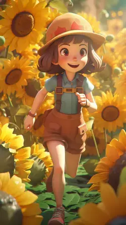 Shy girl wearing a sun hat and short sleeved shorts, bangs, big eyes, carrying a small satchel, char