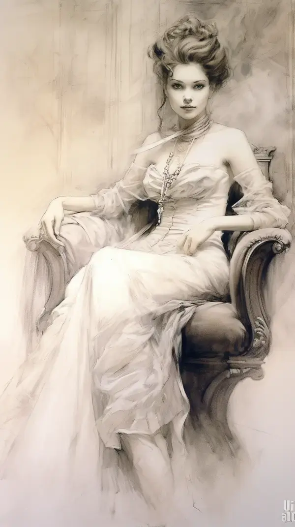 A portrait showing a woman in Victorian dress sitting