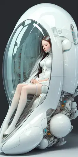 The perfect robot waifu, glossy TPE silicone, lying in futuristic cryogenic pod, full size