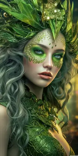 a woman with green makeup and a leaf headdress