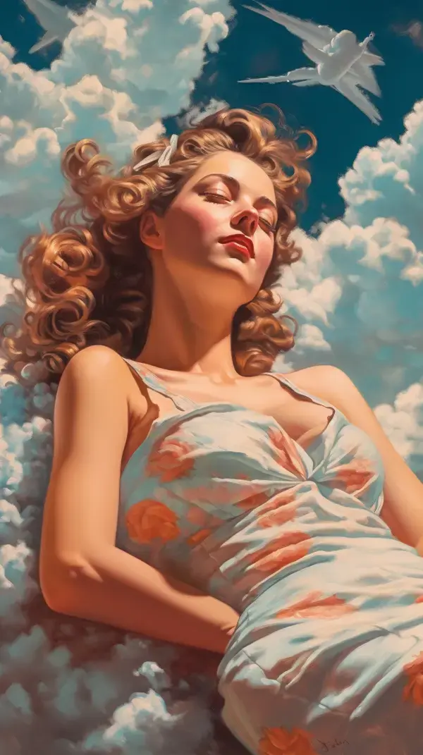 a painting of a woman laying in the clouds