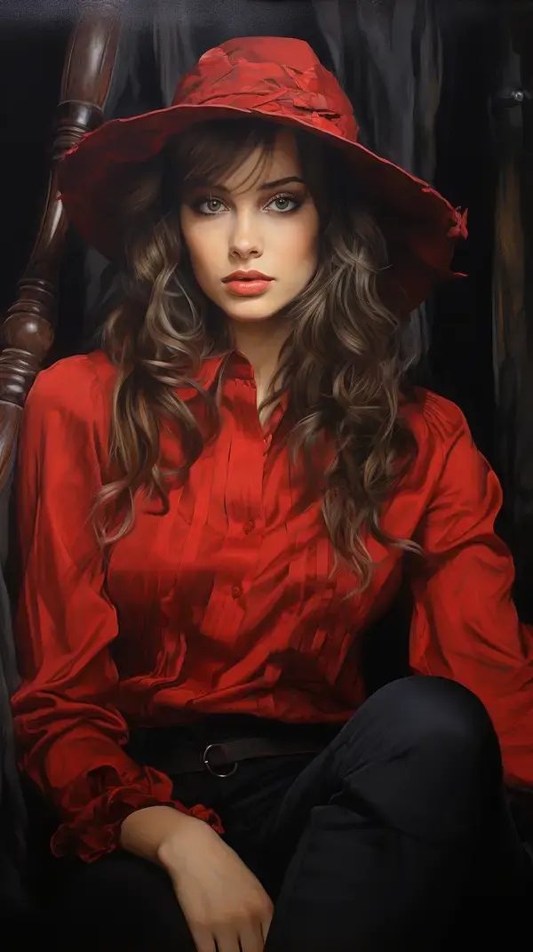 Lady in red, colorful charcoal sketch, detailed, rich colors