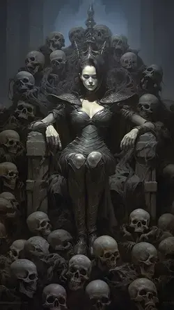 a woman sitting on a throne surrounded by skulls