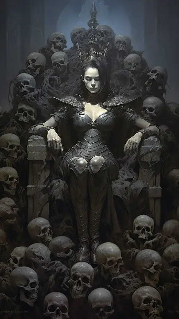 a woman sitting on a throne surrounded by skulls