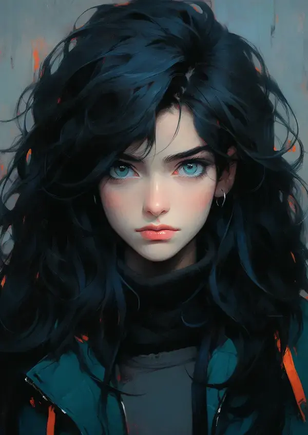 a woman with long black hair and blue eyes