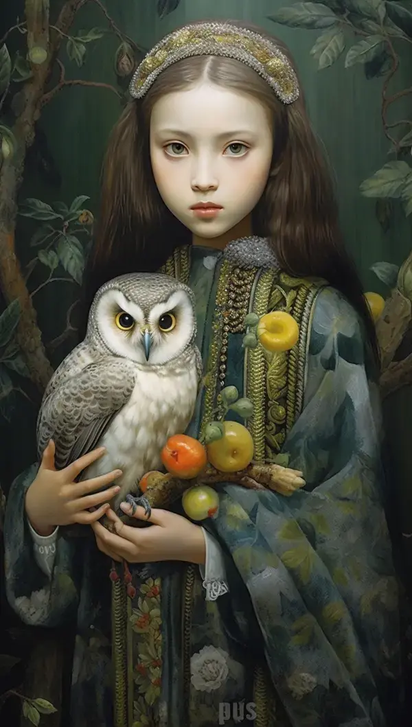 a painting of a young girl holding an owl
