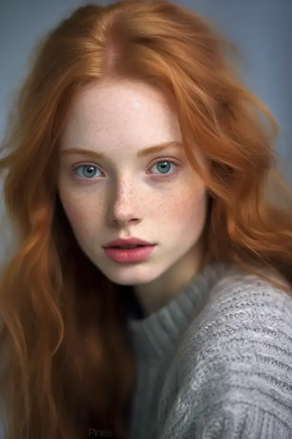 a woman with red hair and blue eyes