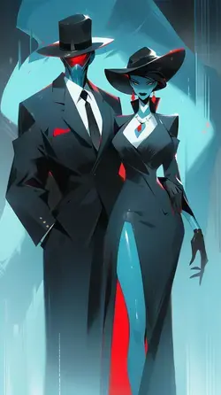 a man and a woman dressed in black and red