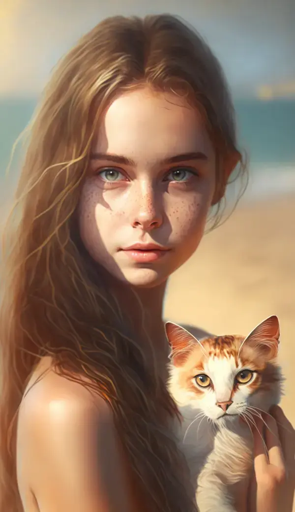 A girl and a cat on the beach