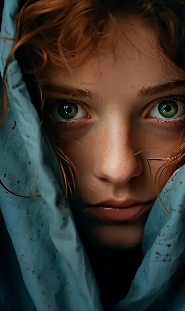 a close up of a person with red hair