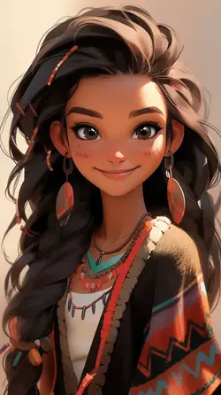 a girl with long hair wearing native clothing