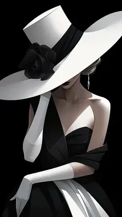 a woman in a black dress and a white hat