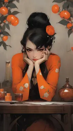 a woman sitting at a table with oranges in her hair