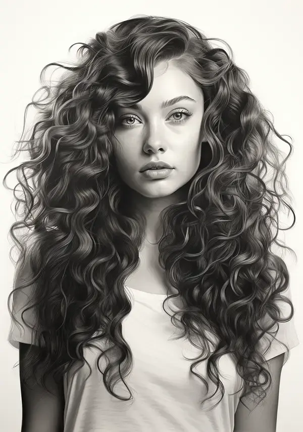 Beautiful woman with long curly hair, Graphite drawing