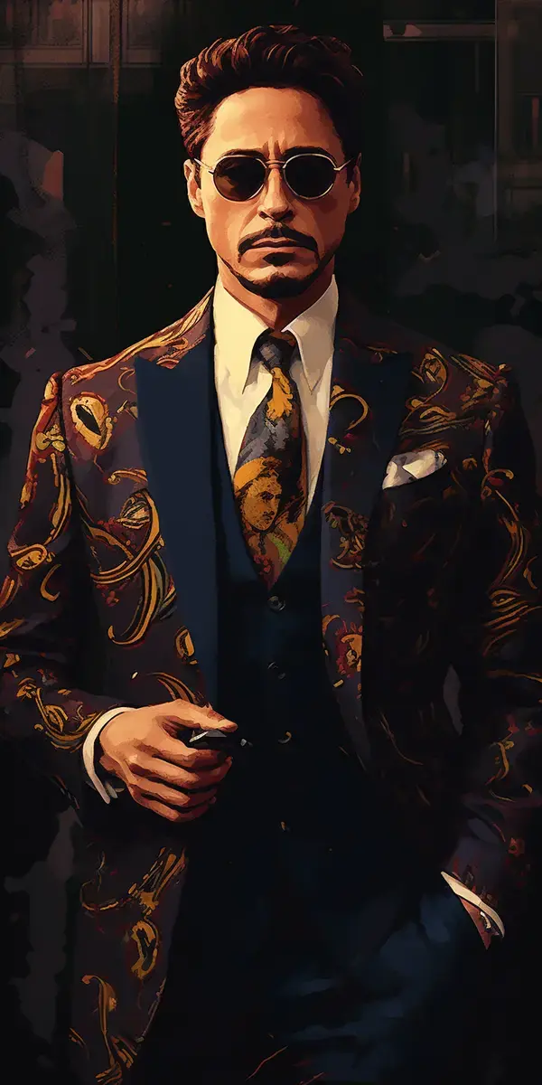 Tony Stark wearing luxury streetwear dark palette
