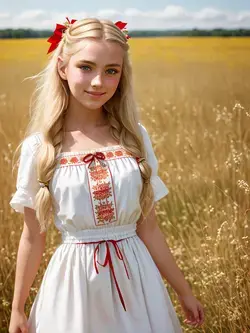 A girl in a Slavic dress on a golden field.