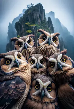 Highly defined macrophotography selfie of a group of owls huddled together taking a group selfie on