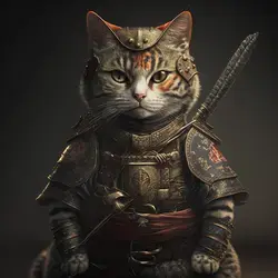 a ferocious and energetic samurai cat dressed as a soldier poster