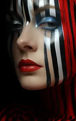 a close up of a woman's face with black, white, and red makeup