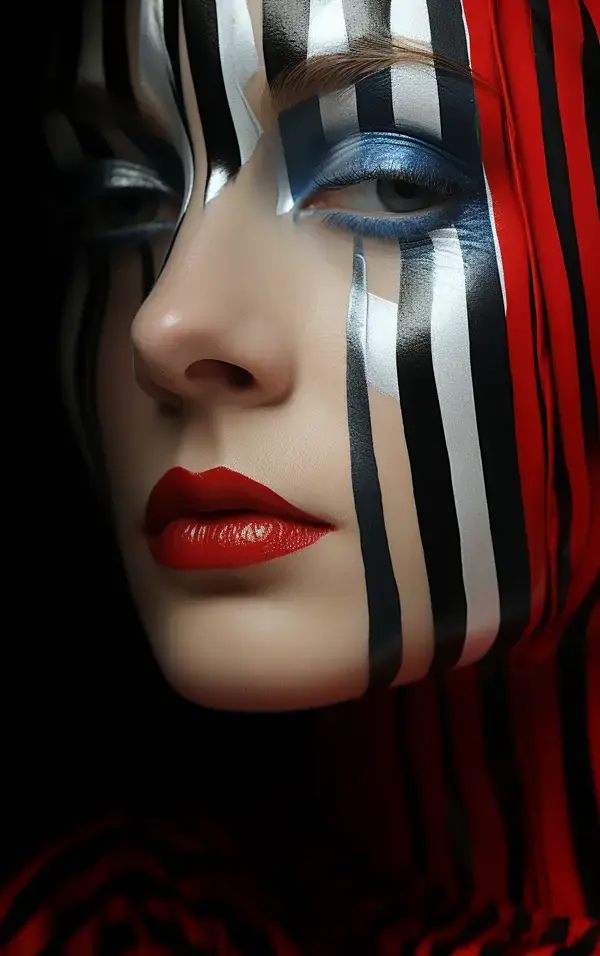 a close up of a woman's face with black, white, and red makeup