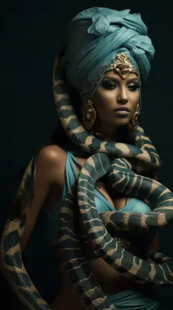 An egyptian woman with an enormous snake around her neck