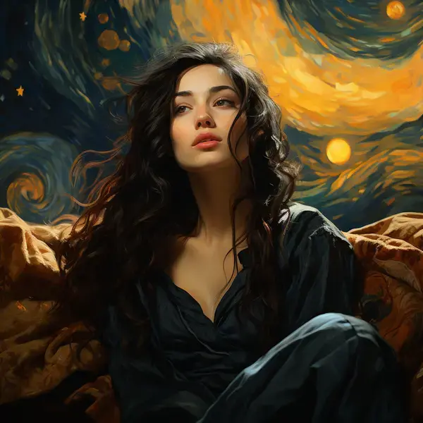 Mujer hermosa viendo noche estrellada de Van Gogh