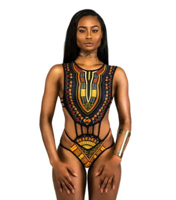 High waist swimsuit with African design. - Negro / L