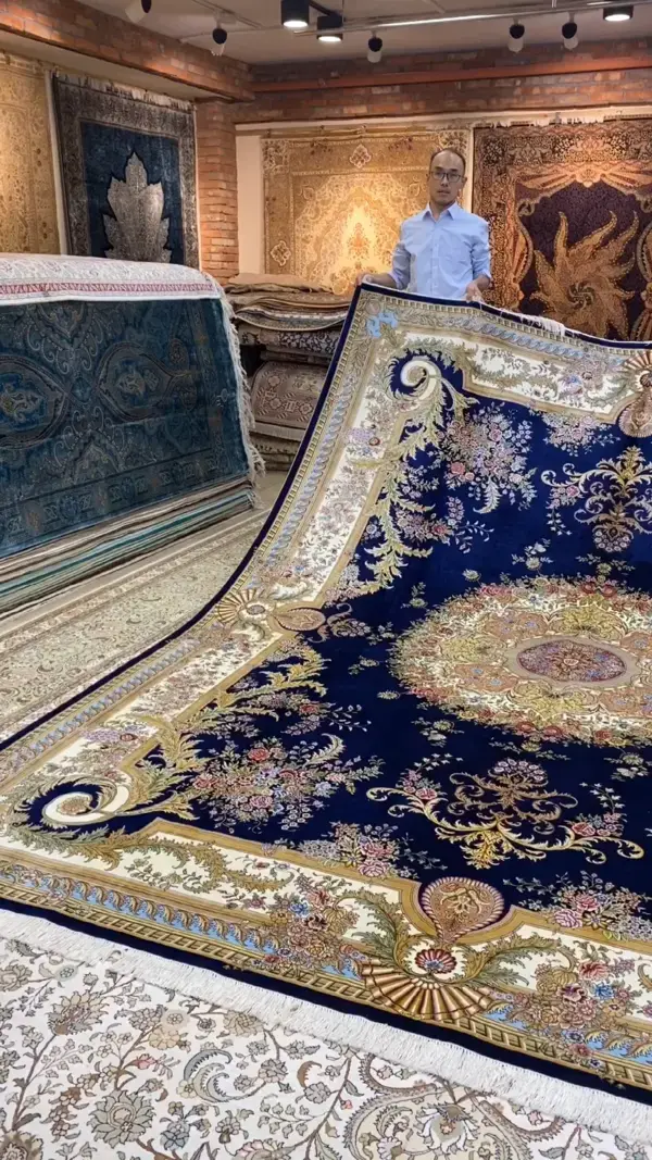 10x14ft Handmade navy blue silk oriental Iranian carpet for home decoration