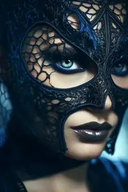 a close up of a woman wearing a black mask