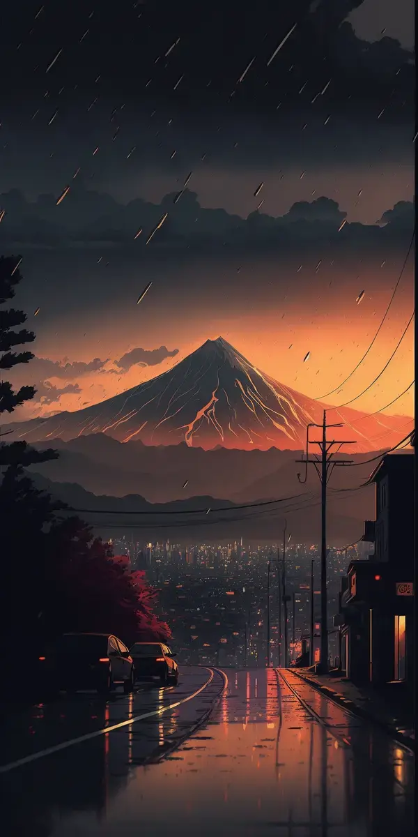 city, mountain, rain, sunset, shinkai makoto style