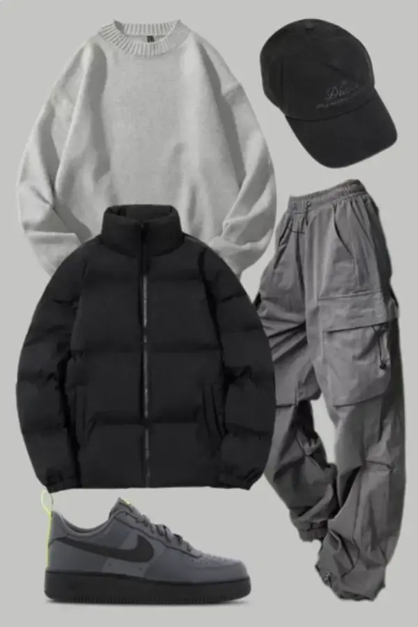 Fall outfit Muted colors Air forces Grey Cargo pants Black puffer Jacket Baseball cap