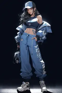 Anime Girl in Hip-Hop Blue and White Style: Edgy Illustration of Urban Fashion