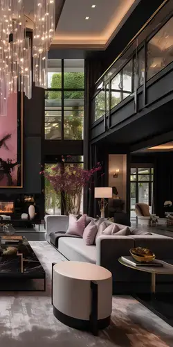 lavish design with a living room showcasing ornate details, statement lighting