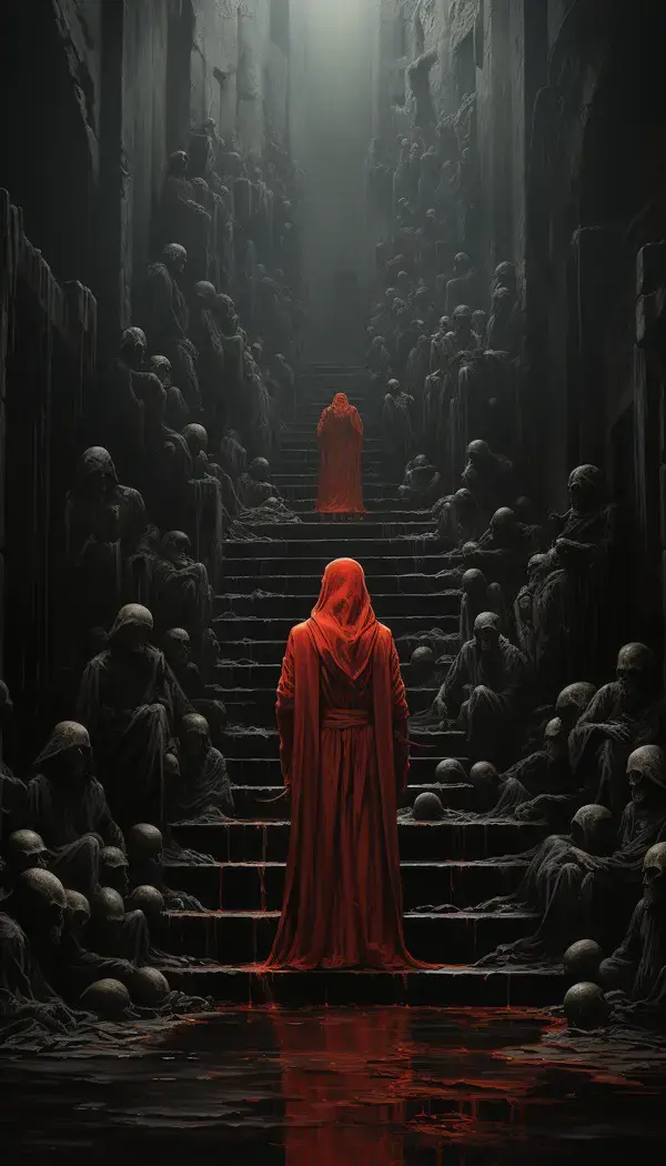 a person in a red robe standing on a set of stairs